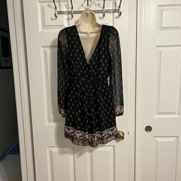Poetry Black Boho Pattern Romper with Sheer Sleeves Size Small - Picture 4 of 8